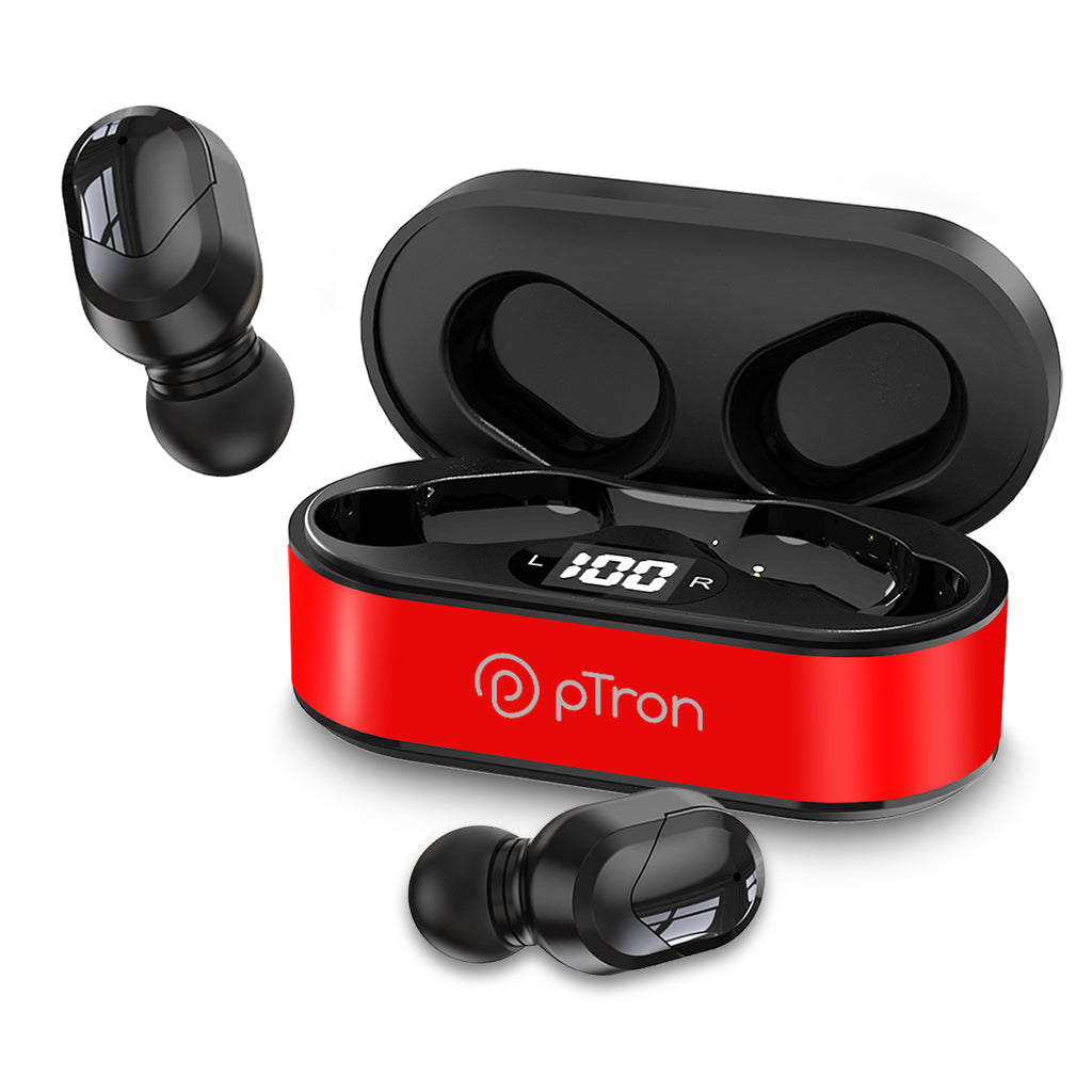 pTron Bassbuds Indie TWS Earbuds with Mic Red Black pTron India