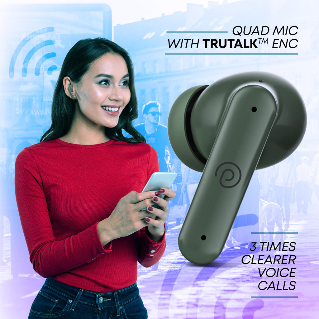 pTron Zenbuds 1 ANC Earbuds with Quad Mic TruTalk ENC Calls (Green