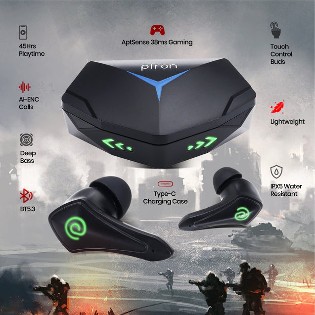pTron Bassbuds B91+ TWS Earbuds with 38ms Gaming Low Latency, AI-ENC Stereo Calls, 45Hrs Playtime, Dual HD Mic, in-Ear Bluetooth 5.3 Headphones, Fast Type-C Charging & IPX5 (Black)