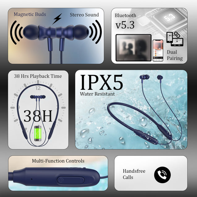 pTron Tangent Flex Bluetooth 5.3 Wireless In-Ear Headphone with Mic,Wireless Neckband (Blue)