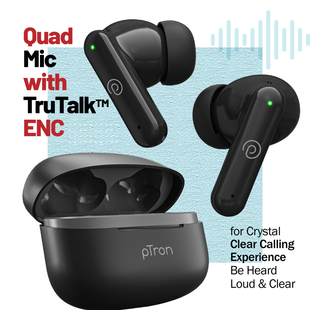 pTron Zenbuds X1 Quad Mic TWS Earbuds, TruTalk ENC Calls (Black)