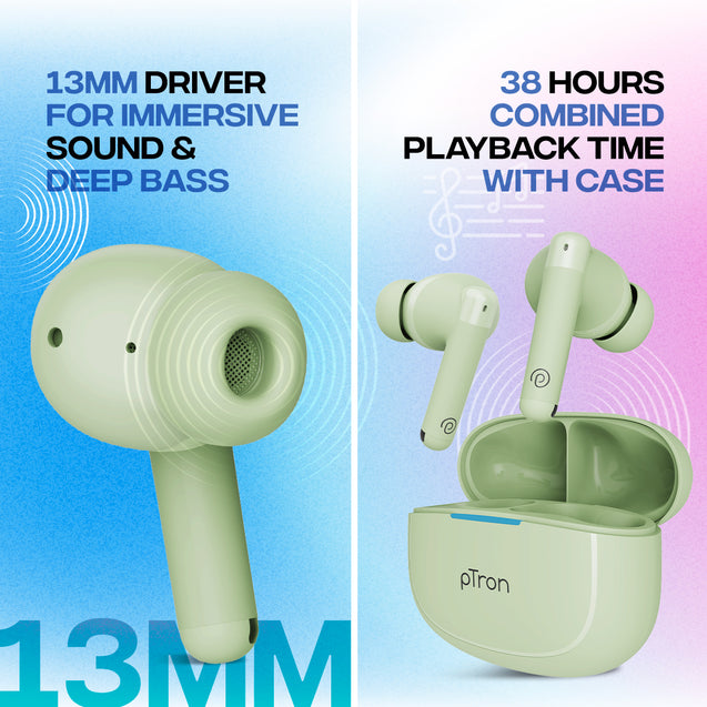 pTron Bassbuds Duo Pro TWS Earbuds with HD Mic (Light Green)