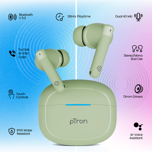 pTron Bassbuds Duo Pro TWS Earbuds with HD Mic (Light Green)
