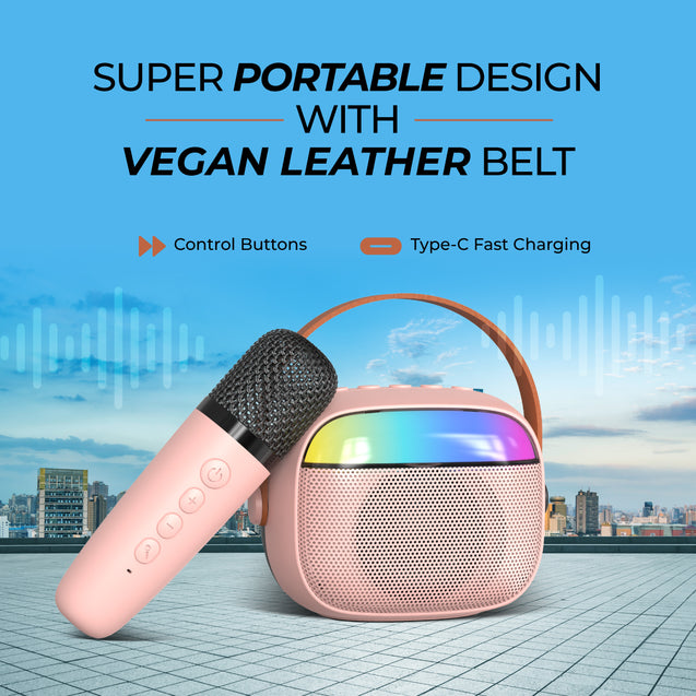 pTron Fusion Smart 10W Mini Bluetooth Speaker with Wireless Karaoke Mic, 10Hrs Playtime, RGB Lights, Voice Effects(Pink)