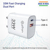 pTron 33W Dual Port Gan USB Type A Charger, Compatible with Samsung Superfast, Mi Soniccharge, Motorola Turbo Charger & MacBook Air, Volta FC21 (White)