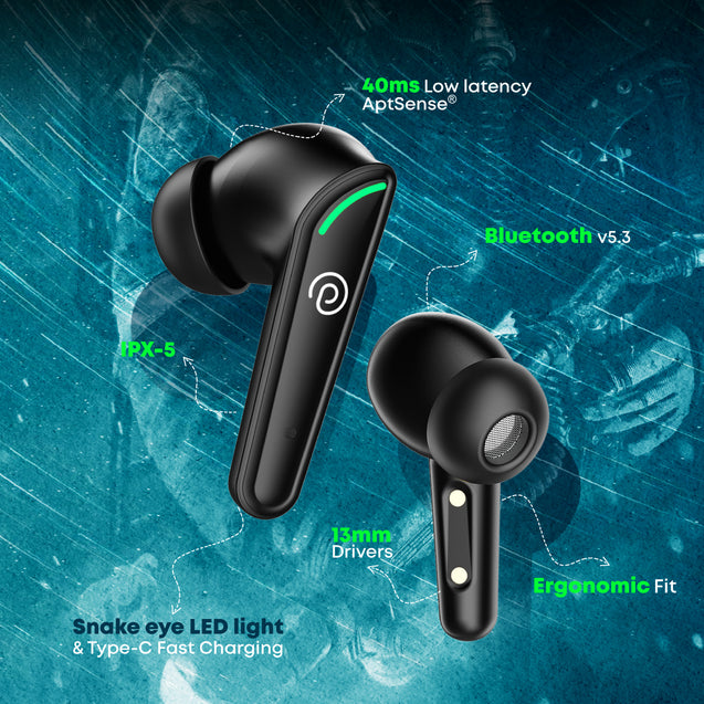 pTron Bassbuds Viper In-Ear TWS Earbuds, AptSense 40ms Gaming Latency, TruTalk AI-ENC Call, 32H Playtime, Deep Bass, BT5.3 Headphones, Touch Controls, Voice Assist, Type C Fast Charging (Jet Black)
