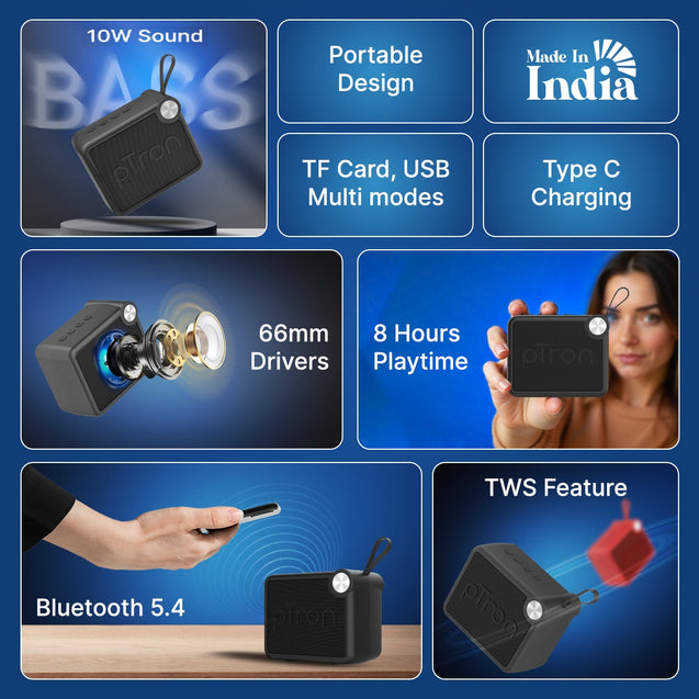 pTron Funk Rap 10W Mini Bluetooth Speaker with Pristine Sound, 8 Hours Playtime, Multi-Playback Modes-BT5.4/TF Card/USB, Front Metal Grill, Type-C Fast Charging, Multi-function Control Buttons (Black)