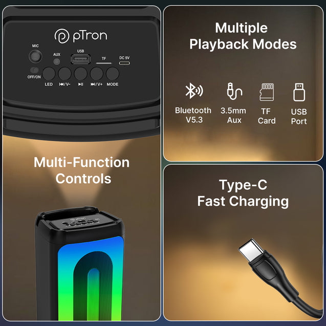 pTron Fusion Play 34W Bluetooth Party Speaker w/Pristine Sound, Rhythmic RGB Lights, 7 Hrs Playtime, BT5.3/Aux/TF Card/USB Playback Modes, Type-C Charging, Portable Design (Black)