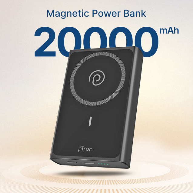 pTron Dynamo Fuel 20000mAh 15W Magnetic Wireless Power Bank w/ 20W Fast Type-C/PD Charging, USB Type-C Input/Output, Compatible with iPhone 12 & Above, Android & Other Qi Enabled Devices (Black)