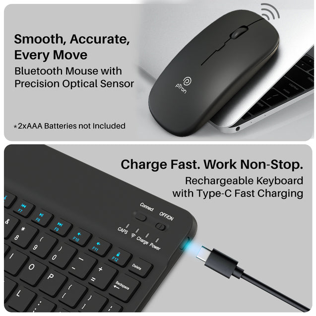 pTron Keyvo KW4 Wireless Keyboard & Mouse Combo Set, Ultra-Slim Keyboard w/ 78 Keys, Multimedia Keys, BT Mouse w/ 1600 DPI Precision Optical Sensor, Compatible with Tablets/Smartphones/PC (Black)