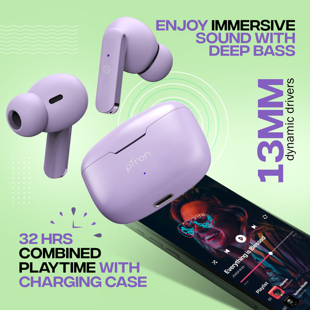 pTron Bassbuds Air In-Ear TWS Earbuds with 13mm Driver for Immersive Sound, 32Hrs Playtime, Clear Calls, Bluetooth V5.1, Touch Control, TypeC Fast Charging, Voice Assist & IPX4 Water Resistant (Light Lilac)