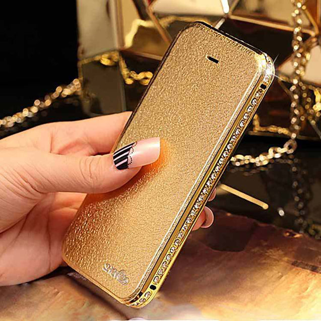 Apple IPhone 5/5S Luxury Flip Cover With Swarovski Diamond Metal Bumper (Gold)