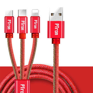 PTron Indigo 2A 3 In 1 Sync Charging Cable Jeans Cloth USB Data Cable For Smartphones (Red)