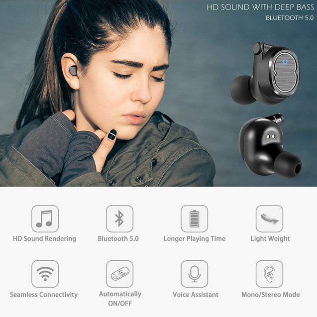 PTron Spunk Bluetooth Headphones Tws Mini Earbuds With Powercase For All Smartphones (Black)