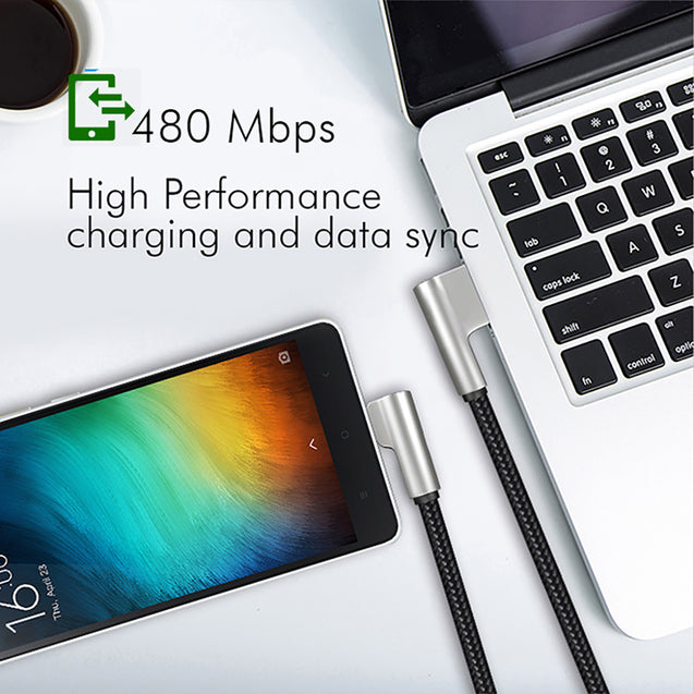 PTron Solero Pro 2.1A Fast Charging 90 Degree Nylon Braided 1.5 m Type C USB Cable - Black/Silver