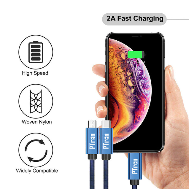 PTron Solero Swing 2A Fast Charging 3 in 1 Nylon Braided USB Cable 1.2M Length for All Smartphones - Blue