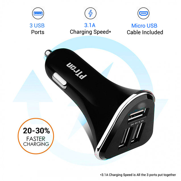 PTron Bullet 3.1A Fast Charging Car Charger with 3 USB Port & Micro USB Cable for All Mobile (Black)