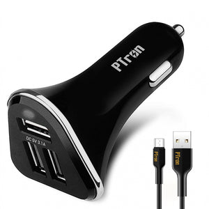PTron Bullet 3.1A Fast Charging Car Charger with 3 USB Port & Micro USB Cable for All Mobile (Black)