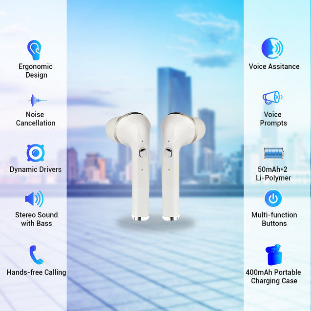 pTron Bassbuds Lite In-Ear True Wireless Bluetooth Earphones (TWS) with Mic - (White)