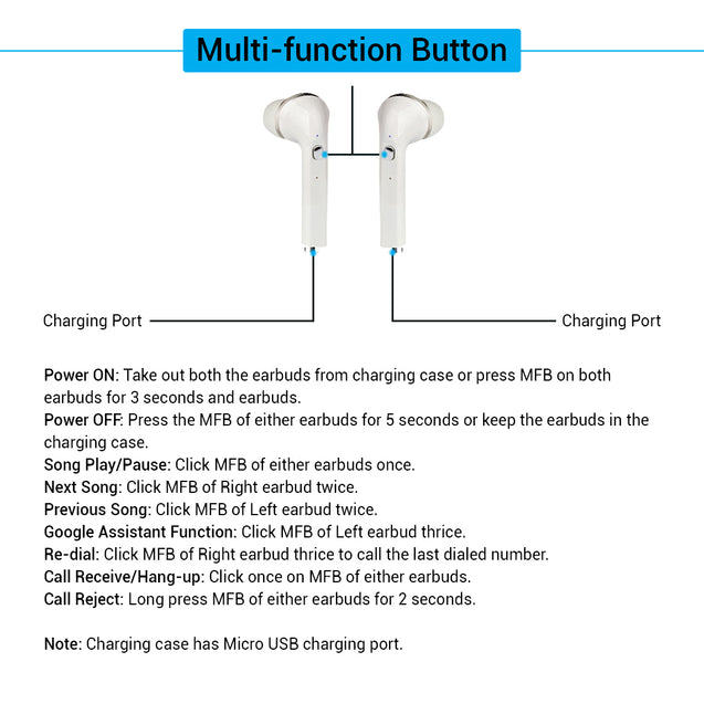 pTron Bassbuds Lite In-Ear True Wireless Bluetooth Earphones (TWS) with Mic - (White)