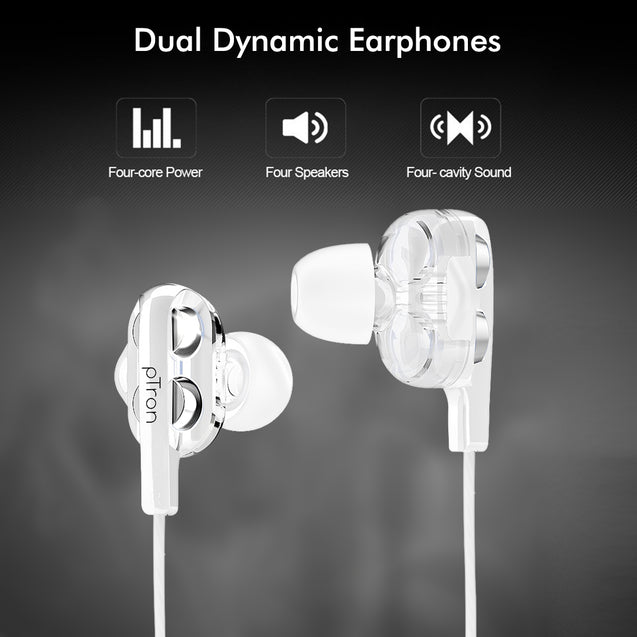 pTron Boom Pro 4D Hi-Fi Dual-driver Stereo Sound Wired Headset with Mic - (White)