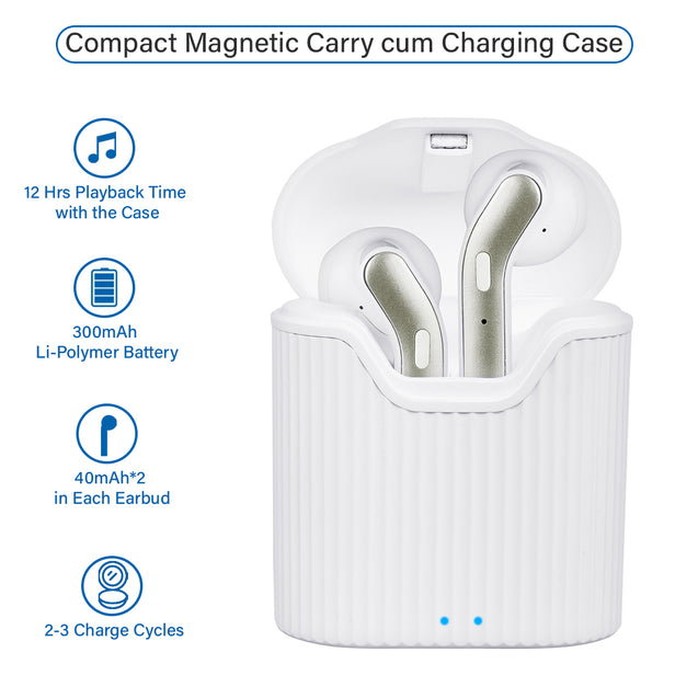 pTron Bassbuds Classic True Wireless Stereo Earbuds, 12Hrs Playback with Case & Mic - (White)