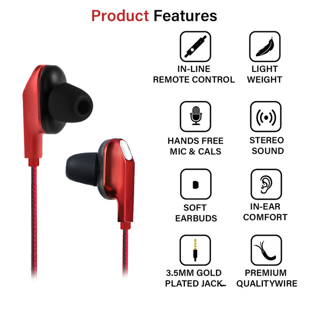 pTron Boom One In-Ear Stereo Sound Wired Earphones with Mic & Volume Control - (Red)