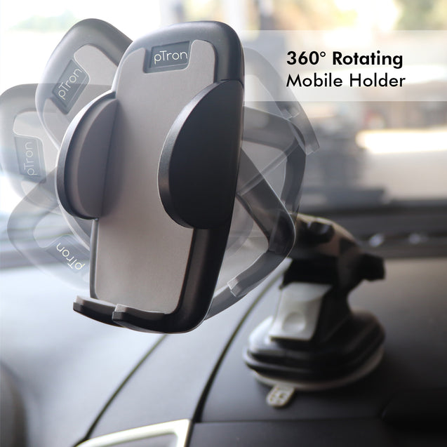 pTron Mount ST4F Adjustable Car Mount Phone Holder for Dashboard & Windshield, 360° Rotating Clamp, Telescopic Extendable Arm, Strong Suction Base & Easy to Install (Black)