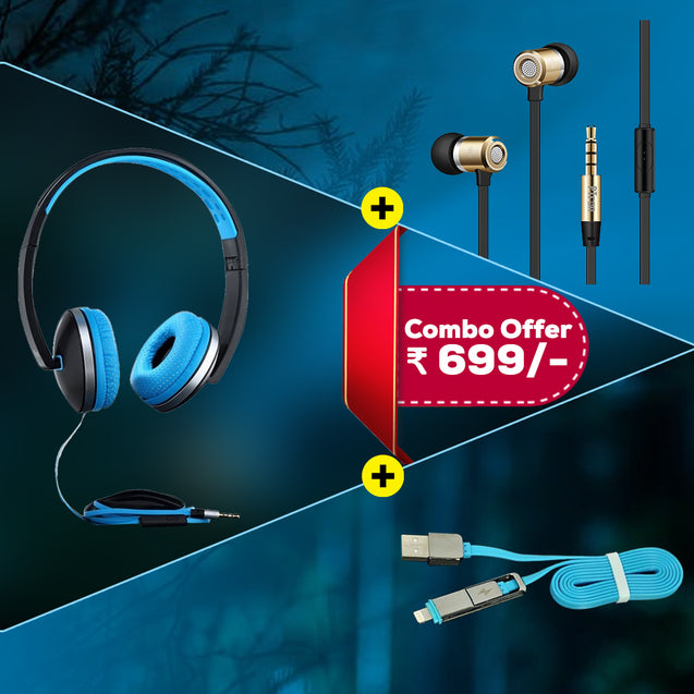 Best Combo Offer PTron Rebel, Unison Headphones & 2 in 1 USB To Micro USB & Lightning Data Cable