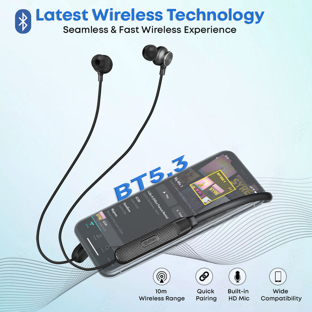 pTron InTunes Classic Bluetooth 5.2 Wireless in-Ear Headphones with Mic, 24Hrs Playback, 13mm Drivers, Punchy Bass, Fast Charging Neckband, Voice Assist, IPX4 & in-line Controls (Black)
