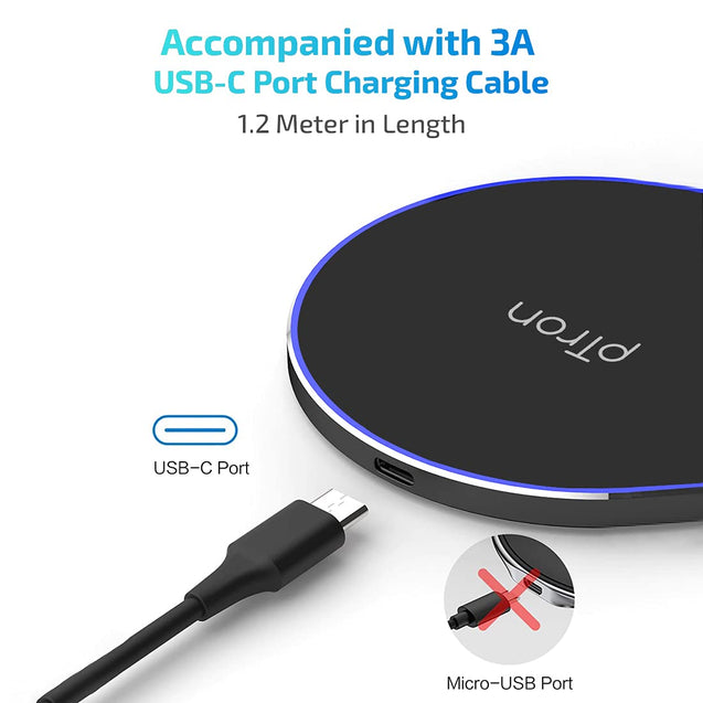 pTron Bullet Wireless WX21 15W Fast Charging Pad with 3A Type-C 1.2 Meter Cable, Compatible with Wireless Charging Enabled Smartphones (Black)