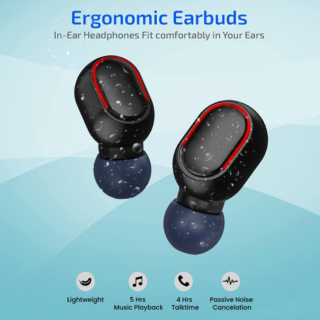 pTron Basspods 381 True Wireless Bluetooth 5.1 Headphones with Deep Bass, 5Hrs Playtime, Voice Assistance, Passive Noise Canceling Sweat-Resistant TWS Earbuds, HD Mic & Digital Case (Black & Blue)