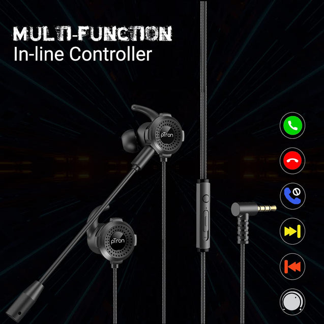 pTron Boom Gaming Wired Headphones with Deep Bass, Dual Mic, Passive Noise Canceling Earphones with in-line Remote, Music & Call Controls, L-Shape 3.5mm Aux Jack & 1.2Meter Tangle-Free Cable (Black)