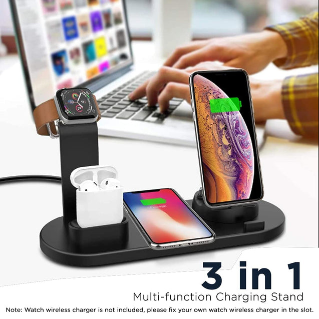 pTron Bullet WX4 3 in 1 Multi-Function Charging Stand for iOS Devices, 10W Qi Wireless Charging, 360° Rotatable Charging Dock for Micro USB/Type-C/iOS Smartphones (Black)