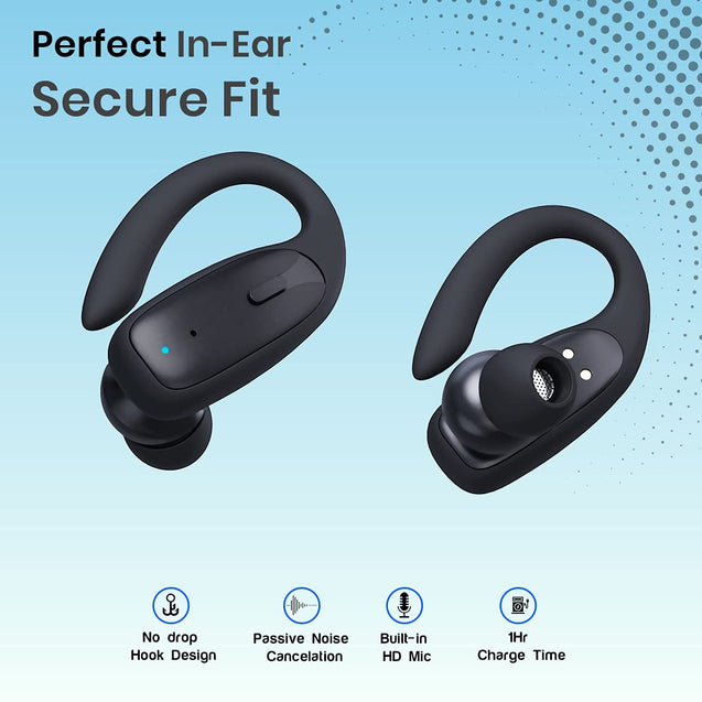 pTron Bassbuds Sports True Wireless Bluetooth 5.1 Headphones with Deep Bass, 32Hrs Total Playtime, Ergonomic Hook Design & IPX4 Water/Sweat Resistant Earphones with Built-in HD Mic (Black)