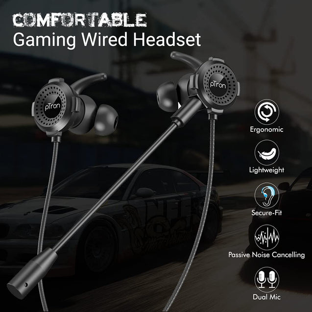 pTron Boom Gaming Wired Headphones with Deep Bass, Dual Mic, Passive Noise Canceling Earphones with in-line Remote, Music & Call Controls, L-Shape 3.5mm Aux Jack & 1.2Meter Tangle-Free Cable (Black)