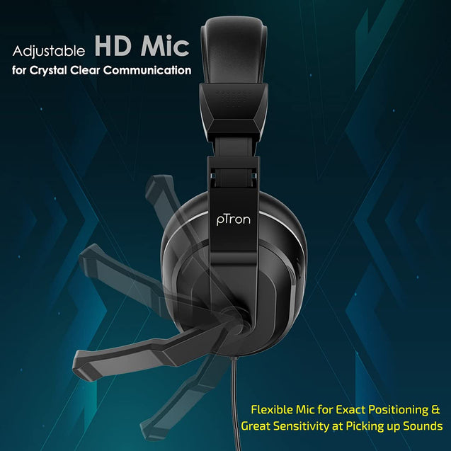 pTron Studio Lite Stereo Sound Wired Headphones, Ergonomic Over Ear Headset with Mic, Adjustable Mic & Integrated Volume Control, 3.5mm Aux Jack & 1.3 Meter Tangle-Free Cord (Black/Grey)