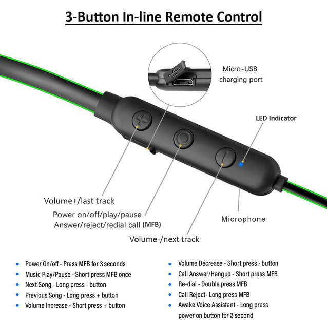 pTron Tangent Lite Magnetic In-Ear Wireless Bluetooth Headphones with Mic - (Black & Green)