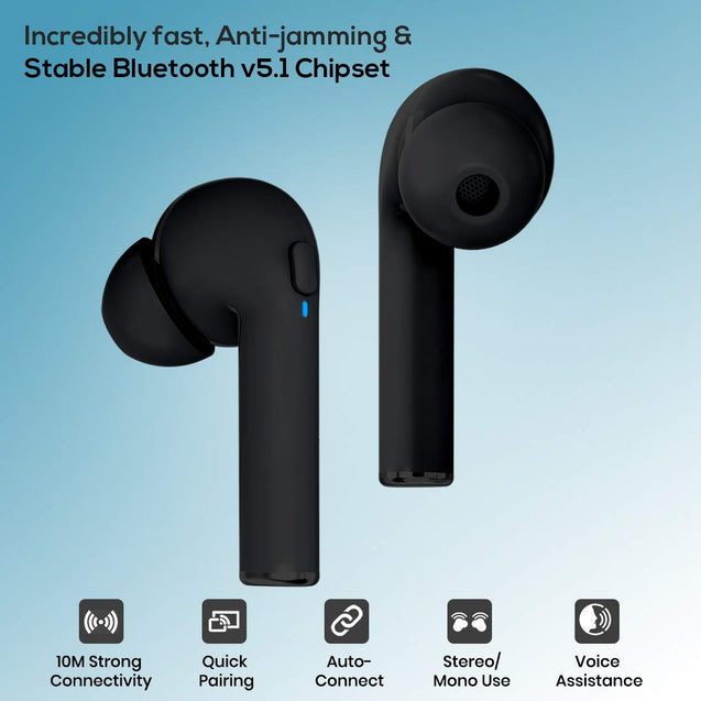 pTron Bassbuds Vista in-Ear True Wireless Bluetooth 5.1 Headphones with Free 5W Wireless Charger, Deep Bass, IPX4 Water/Sweat Resistant, Passive Noise Cancelling Earphone with Built-in HD Mic-(Black)