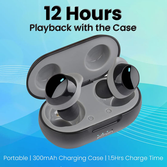 pTron Bassbuds Evo Bluetooth 5.0 Wireless Headphones, Deep Bass, Touch Control Wireless TWS Earbuds, Quick Pairing, Dual HD Mic, Passive Noise Cancelling Earphones with Voice Assistance (Black & Grey)