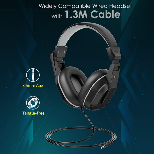 pTron Studio Lite Stereo Sound Wired Headphones, Ergonomic Over Ear Headset with Mic, Adjustable Mic & Integrated Volume Control, 3.5mm Aux Jack & 1.3 Meter Tangle-Free Cord (Black/Grey)