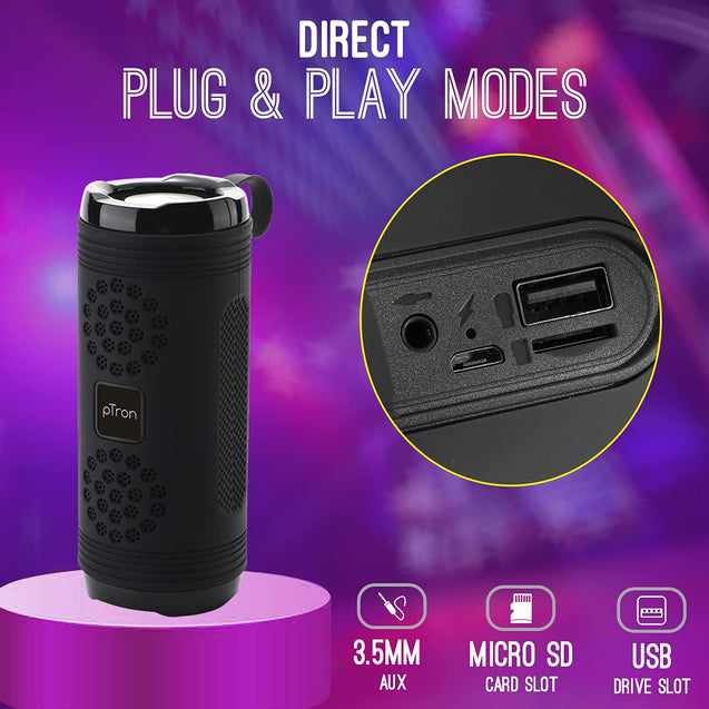 pTron Quinto Evo 8W Wireless Bluetooth 5.0 Speaker with 12Hrs Playtime, Outdoor Speaker with 3.5mm Aux/Micro SD Card/USB Drive Slots, Built-in Mic, Fully Integrated Music & Call Controls (Black)