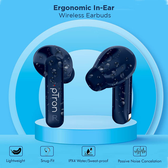 pTron Bassbuds Duo New Bluetooth 5.1 Wireless Headphone with Stereo Audio, Touch Control TWS, Dual HD Mic, Type-C Fast Charging, IPX4 Water-Resistant, Passive Noise Cancelling & Voice Assistant (Blue)