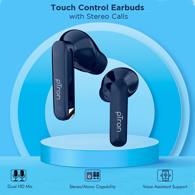 pTron Bassbuds Duo New Bluetooth 5.1 Wireless Headphone with Stereo Audio, Touch Control TWS, Dual HD Mic, Type-C Fast Charging, IPX4 Water-Resistant, Passive Noise Cancelling & Voice Assistant (Blue)