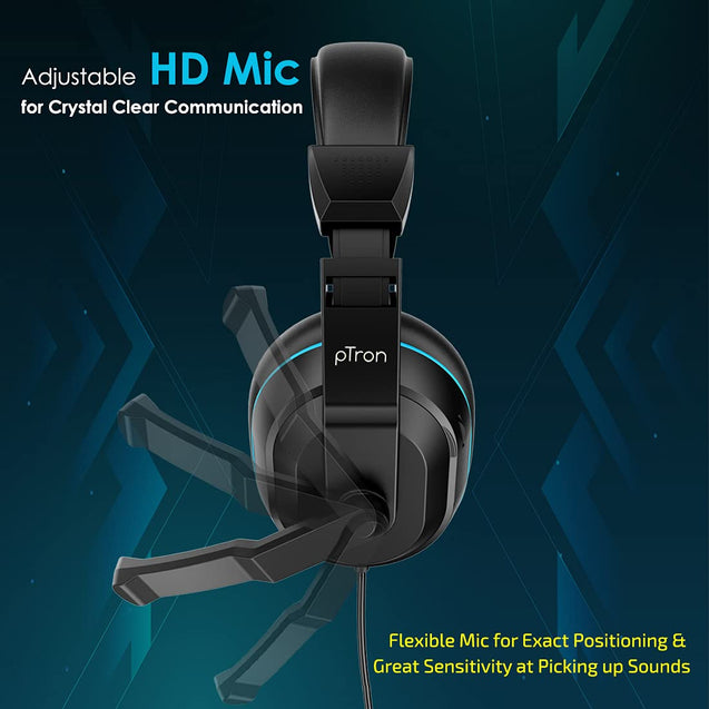 pTron Studio Lite Stereo Sound Wired Over Ear Headphones with Mic, Adjustable Mic & Integrated Volume Control, 3.5mm Aux Jack & 1.3 Meter Tangle-Free Cord (Black & Blue)