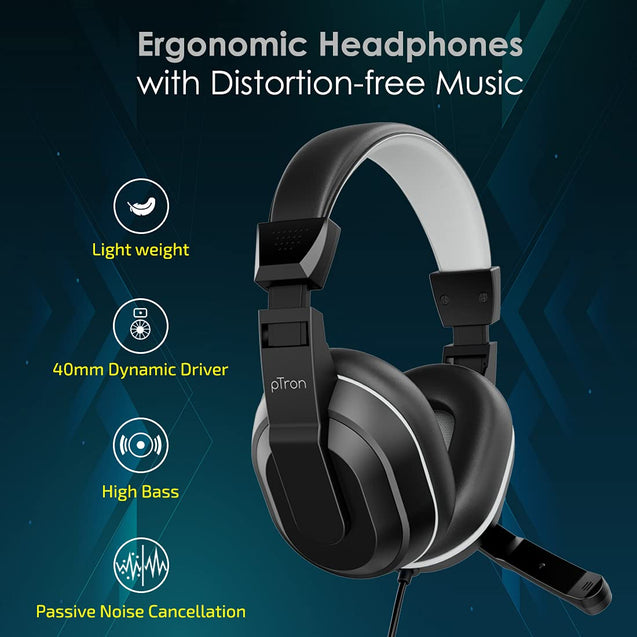 pTron Studio Lite Stereo Sound Wired Headphones, Ergonomic Over Ear Headset with Mic, Adjustable Mic & Integrated Volume Control, 3.5mm Aux Jack & 1.3 Meter Tangle-Free Cord (Black/Grey)