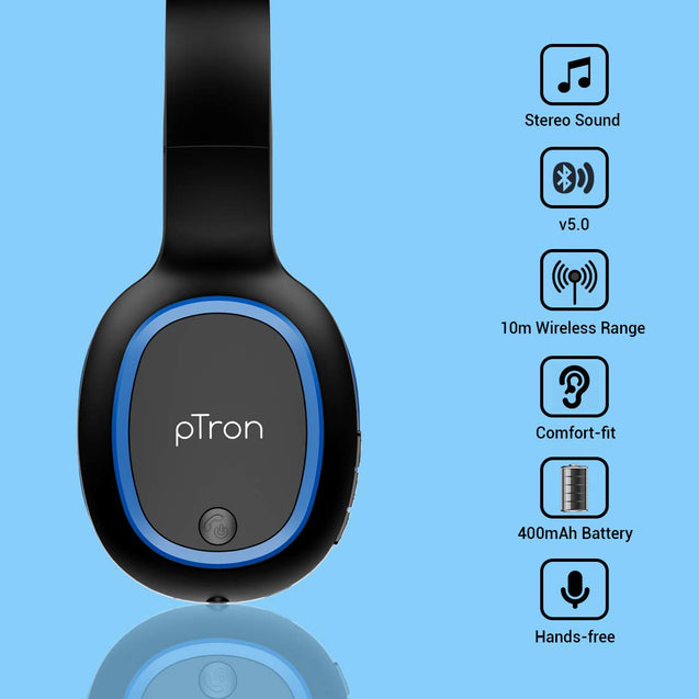 pTron Studio Over-Ear Bluetooth 5.0 Wireless Headphones, Hi-Fi Sound with Deep Bass, 12Hrs Playback, Ergonomic & Lightweight Wireless Headset, Soft Cushions Earpads, Aux Port & Mic - (Blue)