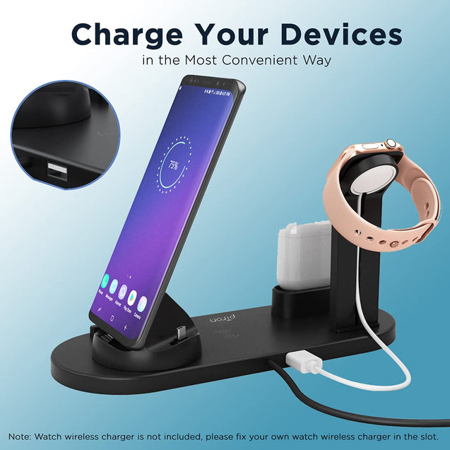 pTron Bullet WX4 3 in 1 Multi-Function Charging Stand for iOS Devices, 10W Qi Wireless Charging, 360° Rotatable Charging Dock for Micro USB/Type-C/iOS Smartphones (Black)