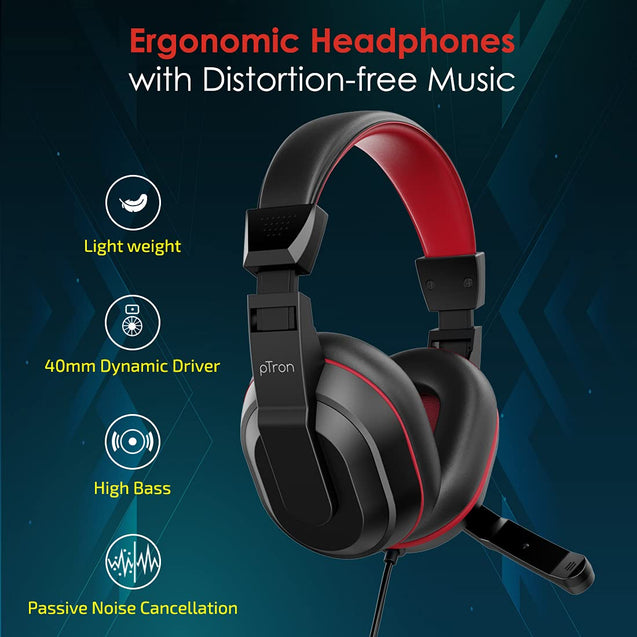 pTron Studio Lite Stereo Sound Wired Over Ear Headphones with Mic, Ergonomic Headset, Adjustable Mic & Integrated Volume Control, 3.5mm Aux Jack & 1.3 Meter Tangle-Free Cord (Black/Red)