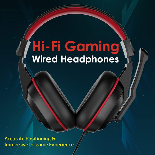 pTron Studio Lite Stereo Sound Wired Over Ear Headphones with Mic, Ergonomic Headset, Adjustable Mic & Integrated Volume Control, 3.5mm Aux Jack & 1.3 Meter Tangle-Free Cord (Black/Red)